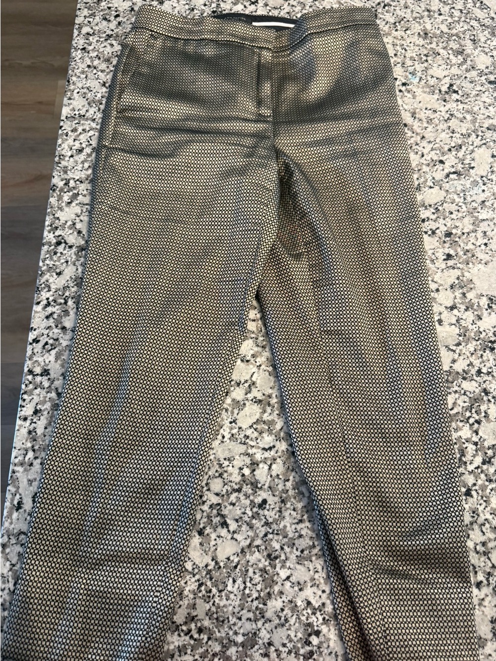 Ann Taylor LOFT Petite Black and Gold Patterned Trousers